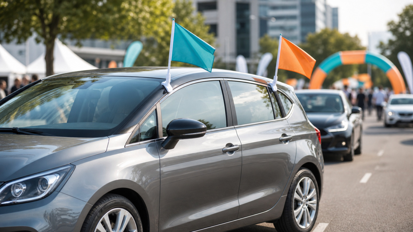 Car flags displayed on a vehicle for events and promotions