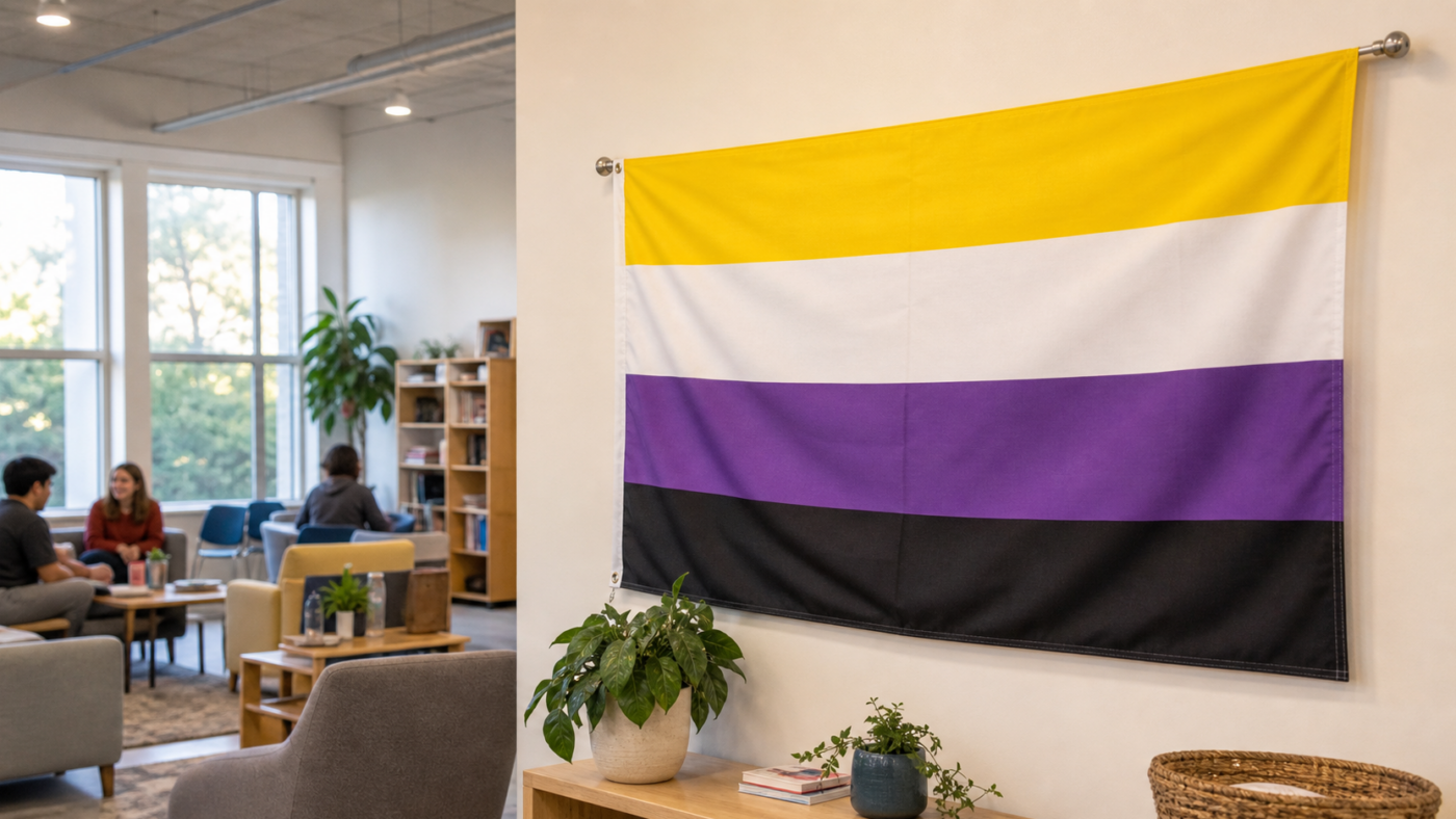 Nonbinary pride flag displayed on a wall in a welcoming community center lounge.
